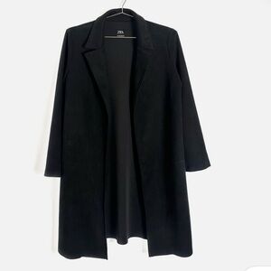 EUC Zara Black Faux Suede Open Front Long Coat Jacket LIKE NEW SZ Large